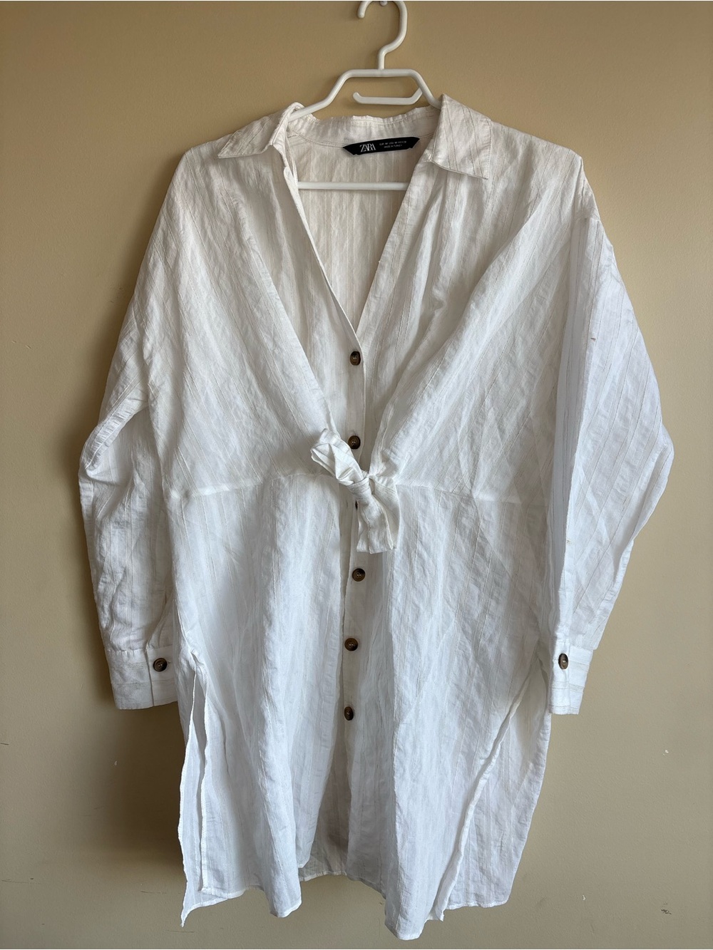 Zara White Tie-Front Long Shirt Jacket